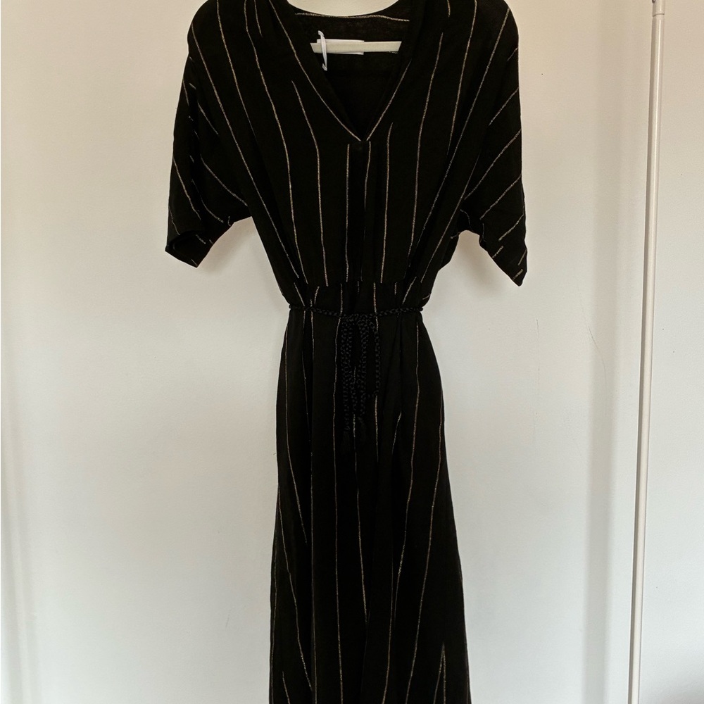 Pomandere Women’s Black Metallic Stripe Tie Waist Dress